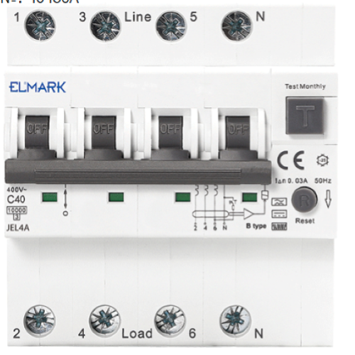 40487A - INTERRUTTORE MTD MAGNETOTERMICO DIFFERENZIALE 4P 40A 6KA 300MA 5  MODULI TIPO A - ELMARK