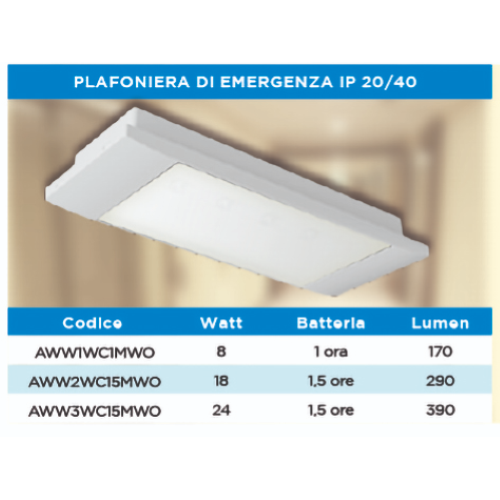Plafoniera emergenza Incasso /Esterna (24W) 3W LED 390lm IP40/IP20 1.5ore SE+SA