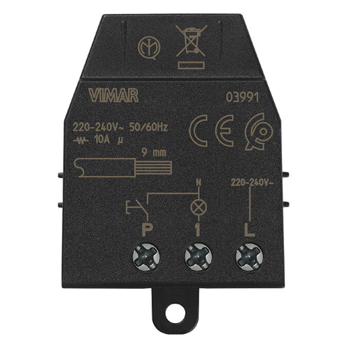 Modulo relé 3 morsetti magnetico Quid ad impulsi ON/OFF, 1 ingresso per pulsante NO su fase (L) o su neutro (N), 1 uscita a relè NO 10 AX 220-240 V~ 50/60 Hz, installazione da incasso (retrofrutto, derivazione o sotto copriforo)