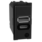 Presa ricatore USB con una porta tipo A e una tipo C, per la ricarica di un singolo dispositivo elettronico fino a 15W o di due dispositivi in simultanea. Tensione di uscita: 5Vdc - alimentazione DIRETTA 100-240 V 50-60 Hz - 1 modulo