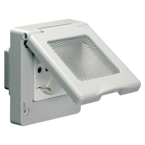 Presa su supporto da incasso con coperchio da quadro.2P+T 16A 200-250V~ Schuko/Biv Finestra trasparente morbida. Grado di protezione IP55. Interasse di fissaggio 60×60. Dimensioni 74×85 mm. Morsetti a vite. Guarnizione da quadro in dotazione. Viti di fiss